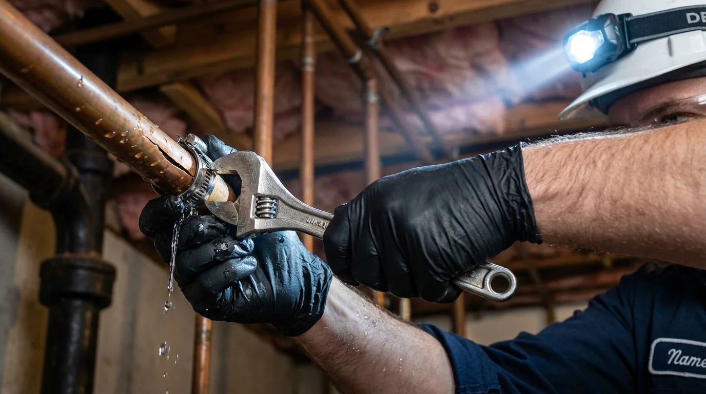 Emergency pipe clamp repair being performed by a Johns Plumbing LLC plumber in La Vista