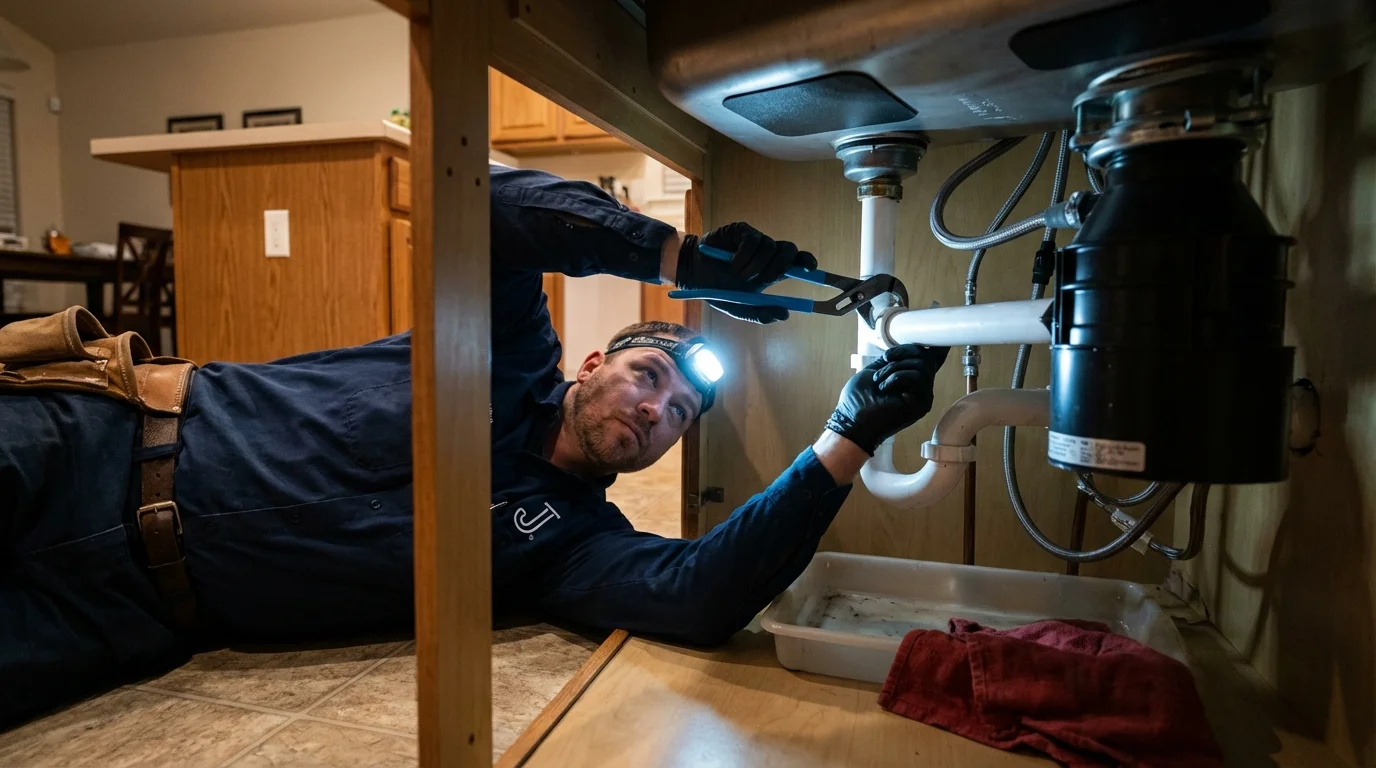 P-trap and supply line connections under a kitchen sink showing a common leak point in La Vista, NE